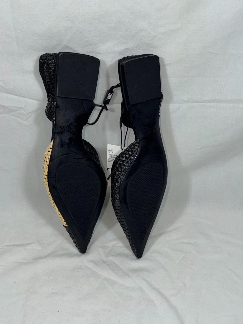Zara Woven Raffia Slingback Flats NWT Black Beige Pointed Toe Flat Sandal 39 8 - Picture 5 of 7